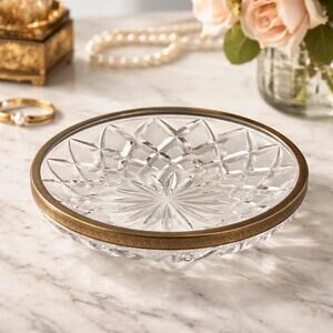Vintage Small Pressed Glass Dish w/ Brass Rim Starburst Pattern – 1950s 1960s